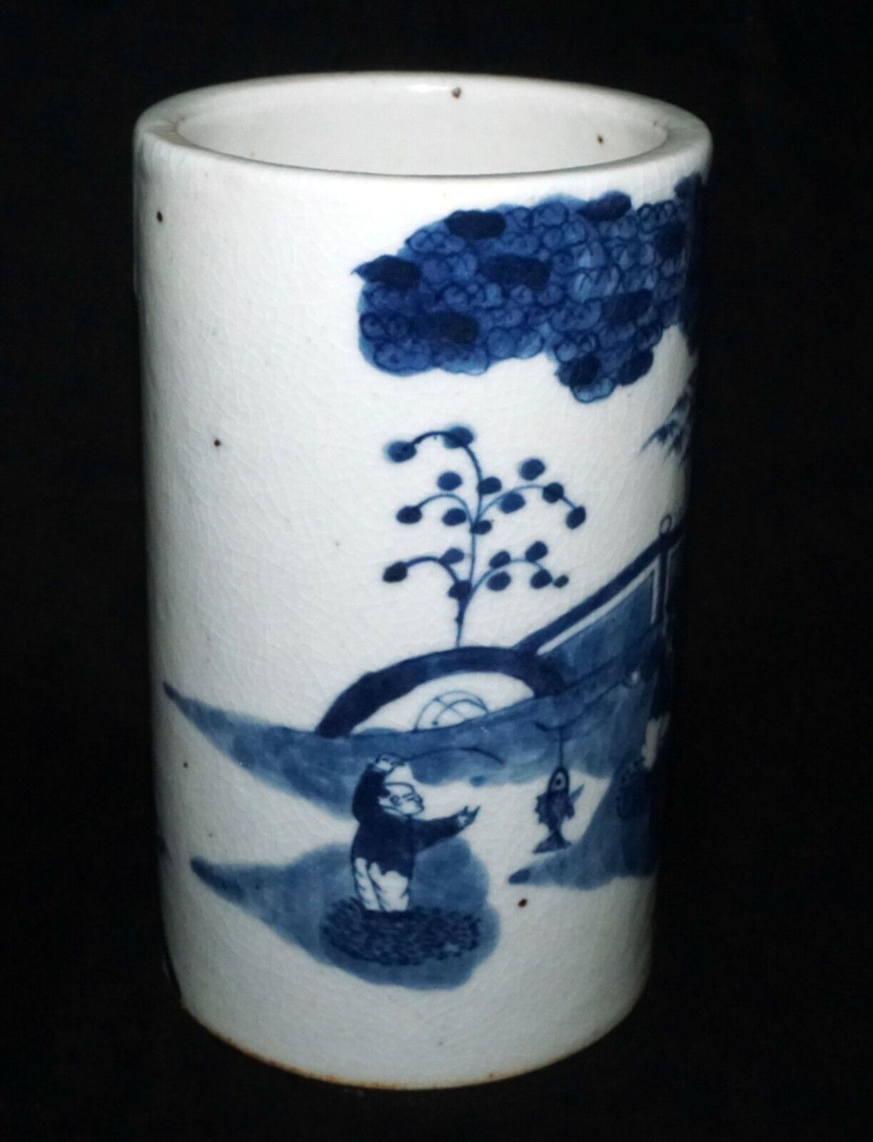 Chinese Blue & White Pottery Brush Pot w. Court-scene w Garden Motif (LeL) IC