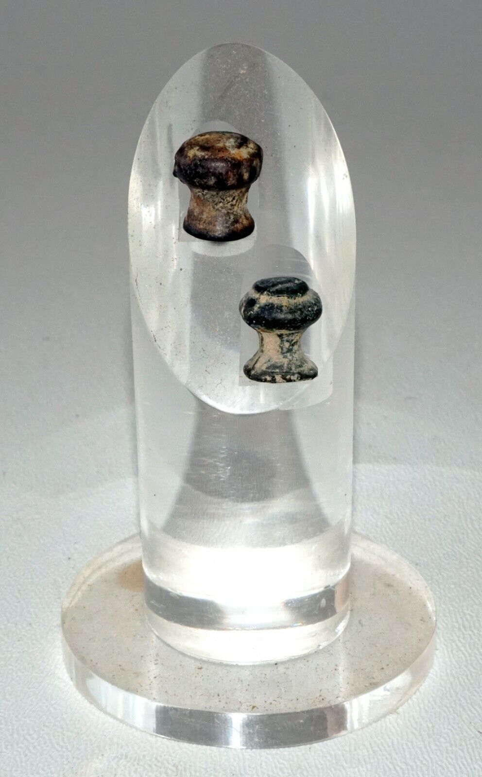 Thai Ayutthaya Period Molded Lead Ear Plugs on Acrylic Stand (Mil) #219