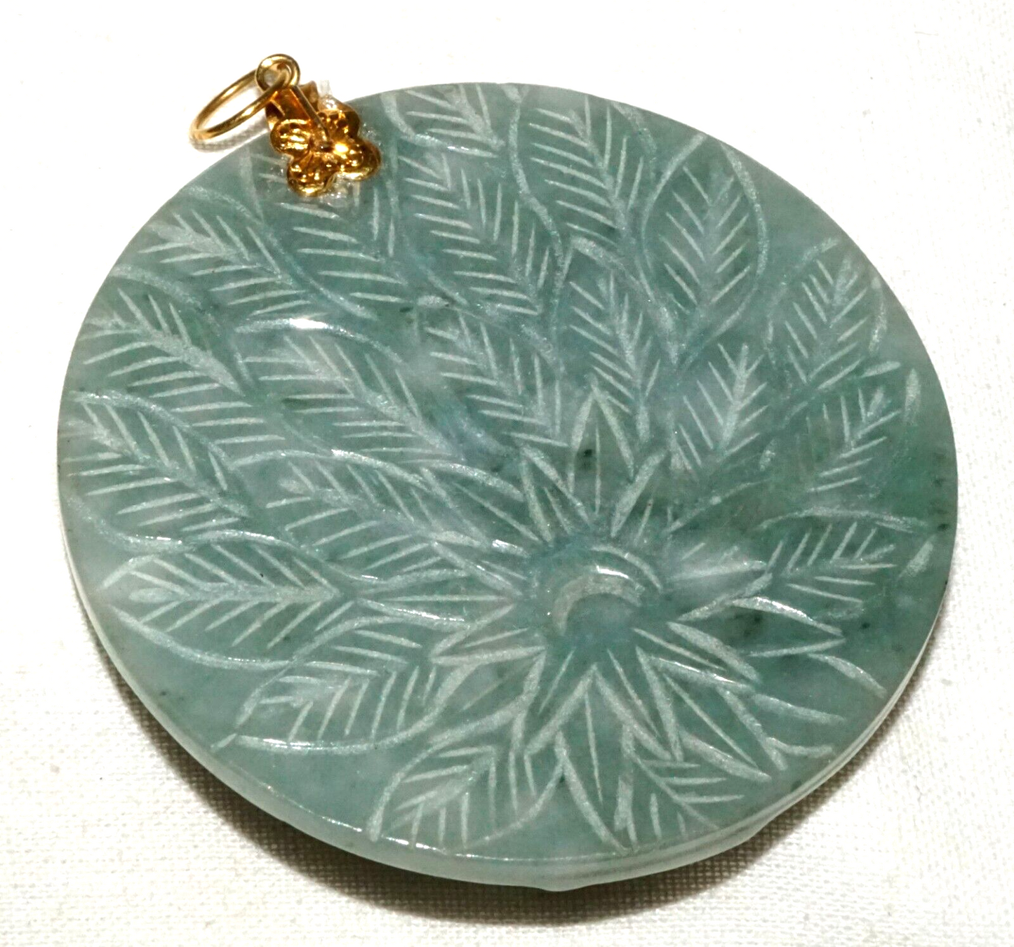 Vintage Chinese Blue Green Jade Disk pendant w. Peacock Motif (InS)#L4