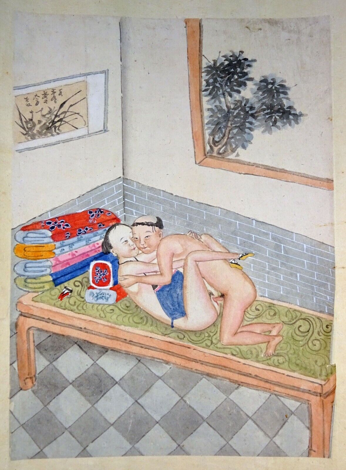 19C Chinese Erotic Pillow Color Paintings for Newly Married Couple (SoM) #12