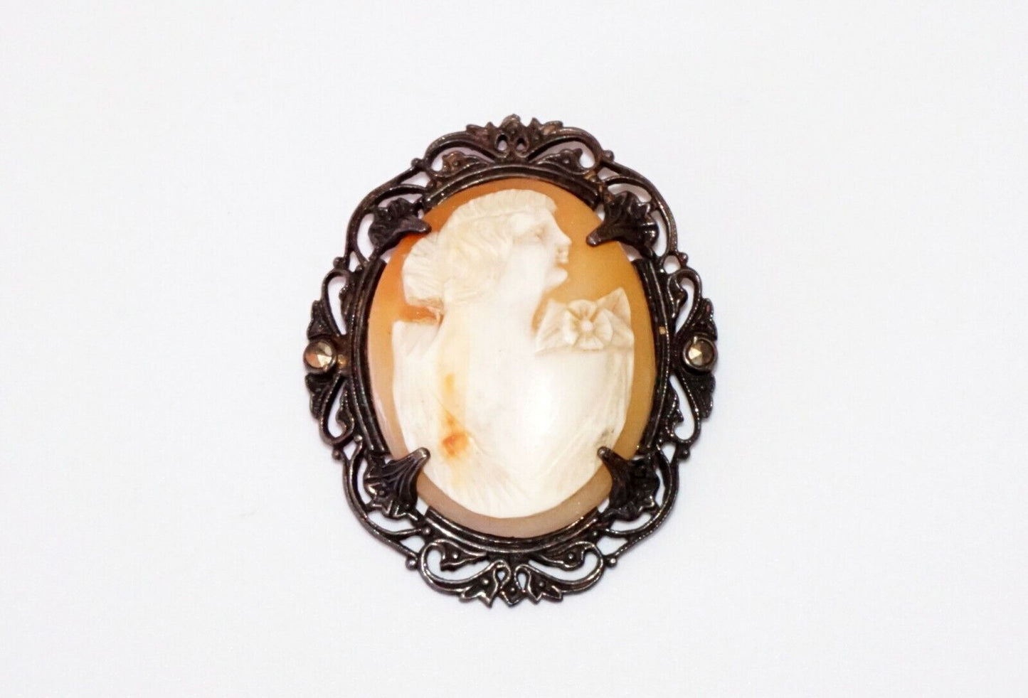 Vintage Black Patinated Metal set Oval Shell Cameo Womans Bust Motif Aboh)