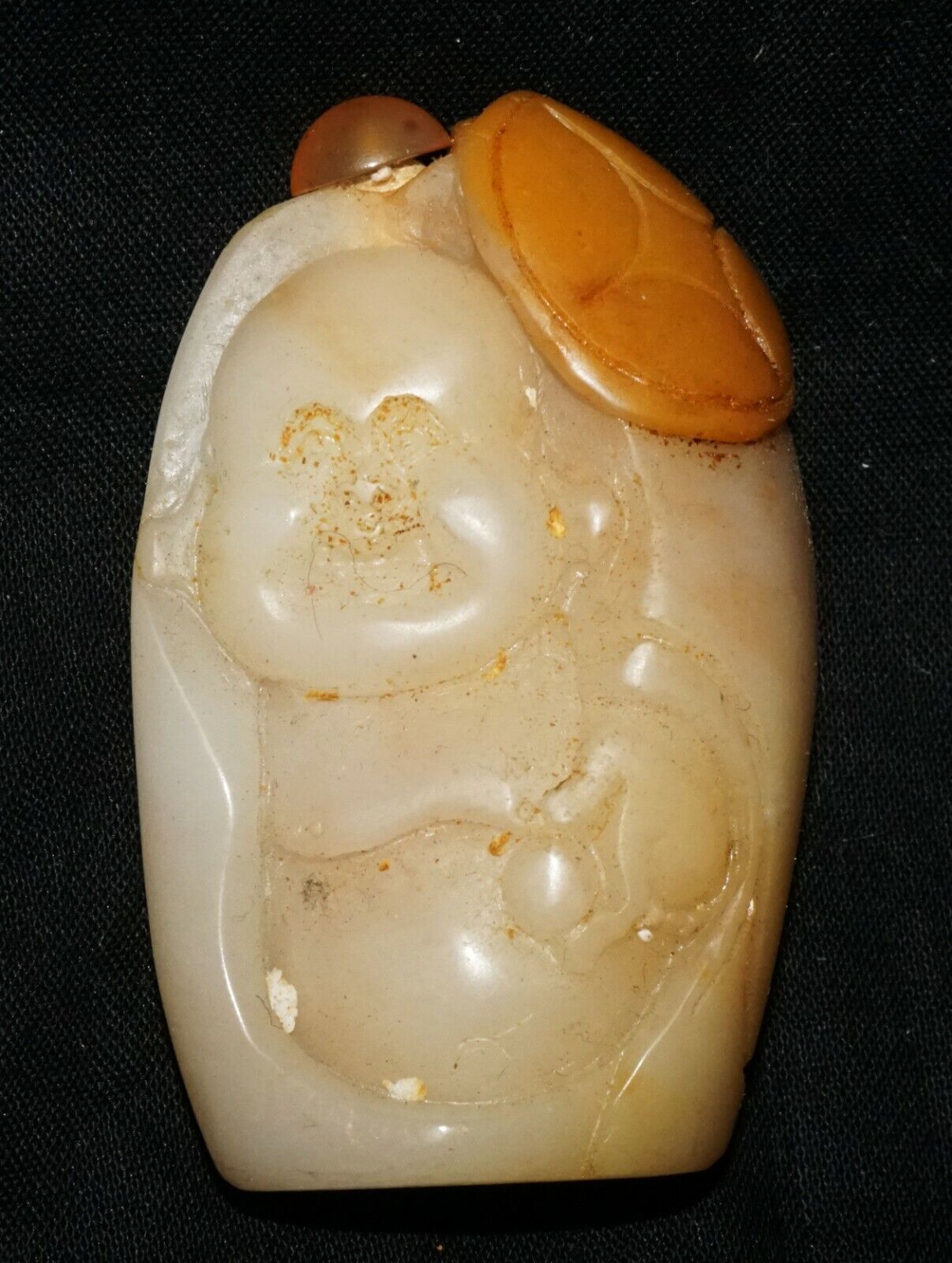 Chinese White Jade Pebble Carved Snuff Bottle w. Laughing Buddha Motif (LeS) G2