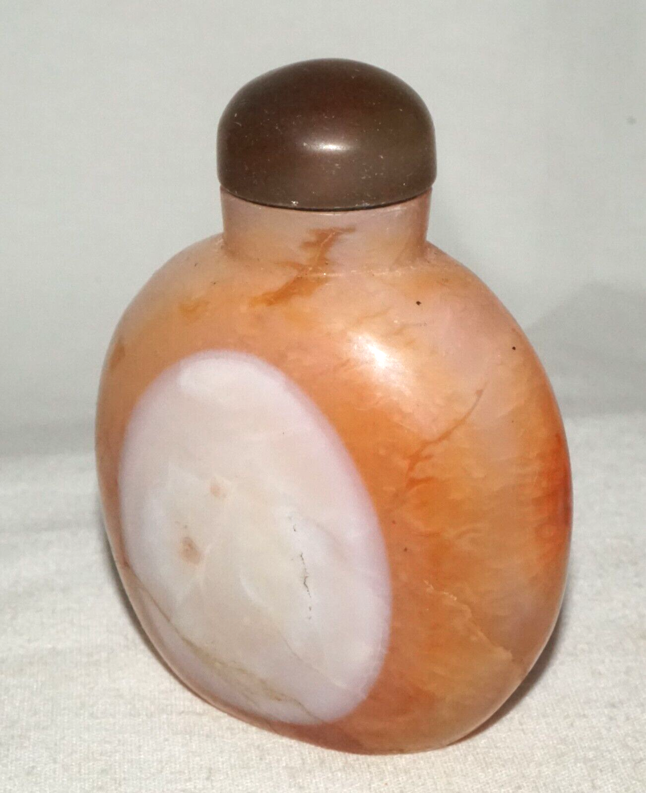 Vintage Chinese Orange & White Agate Snuff Bottle w. Stone Stopper (FeH)