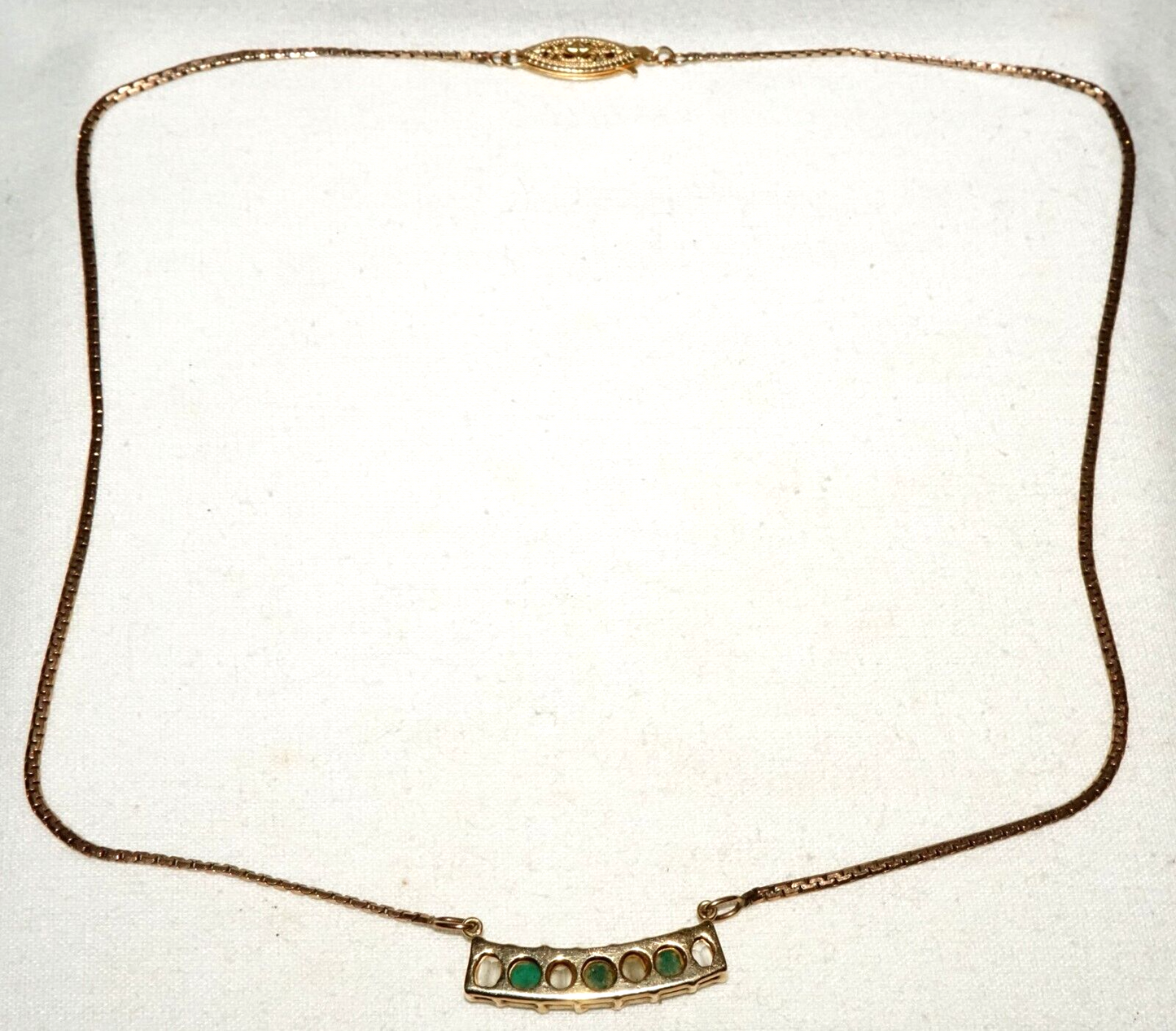 Vintage 14k Yellow Gold Necklace w. Bar Pendant 3x Emeralds & 4x CZ's (GoB) #29