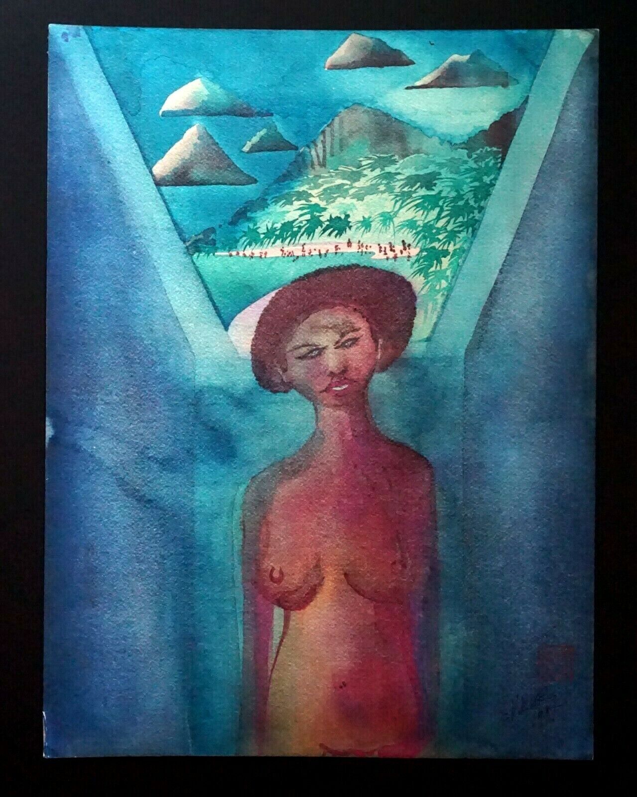 '87 France Hawaii Outsider Art WC Painting Female Nude by Claude Vedel (EtJ)#11