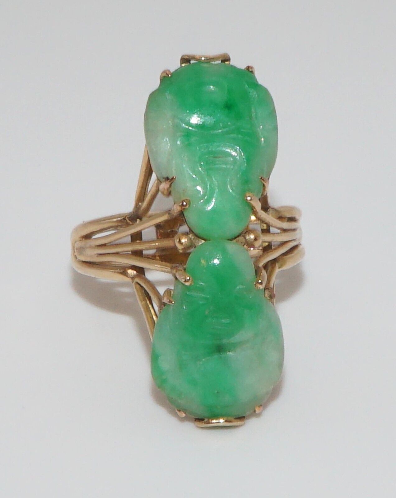 14k Gold Wireframe Ring w 2 Buddha Shaped Apple-Green Jades Sz. 7 1/2 (ArS)