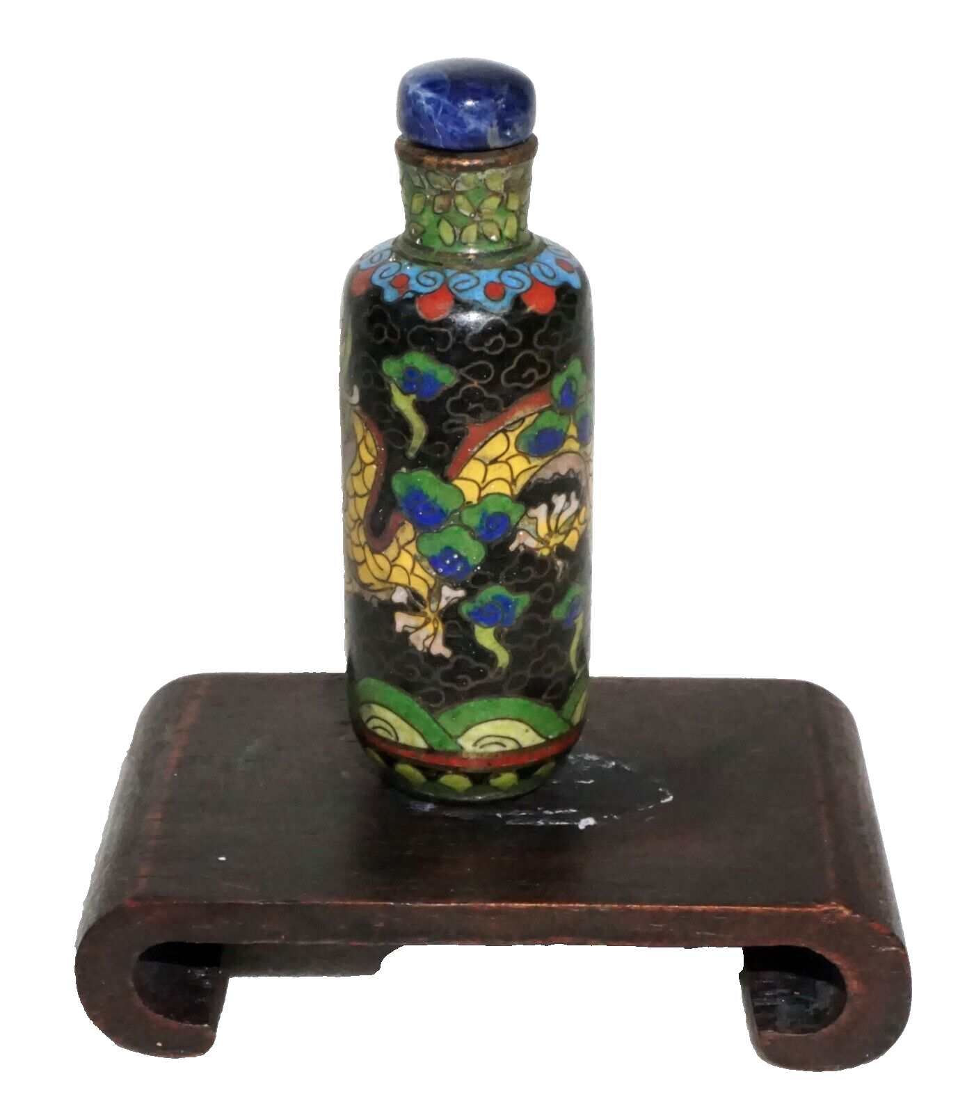 Vintage Chinese Cloisonné Snuff Bottle Writing Dragon Motif w. Sodalite (Kai)