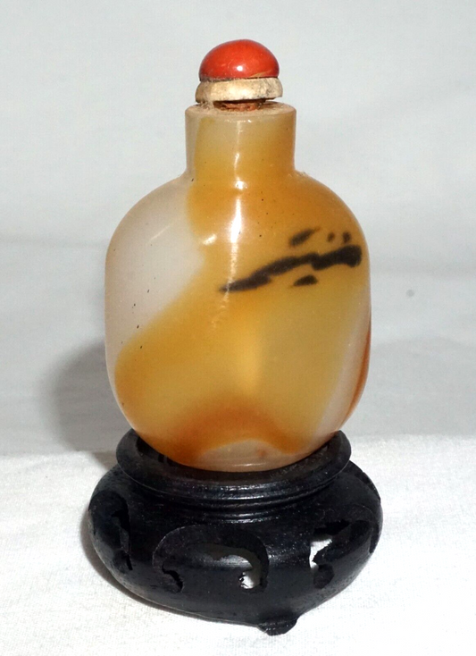 Vintage Chinese Shadow Agate Style Glass Snuff Bottle on Stand (LLA)