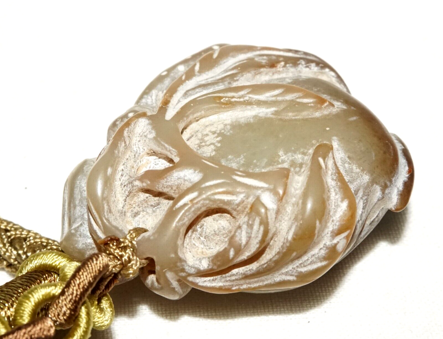 Vintage Chinese Soapstone Carving w Bat on Peach Motif & Cord Necklace (LeS)L20