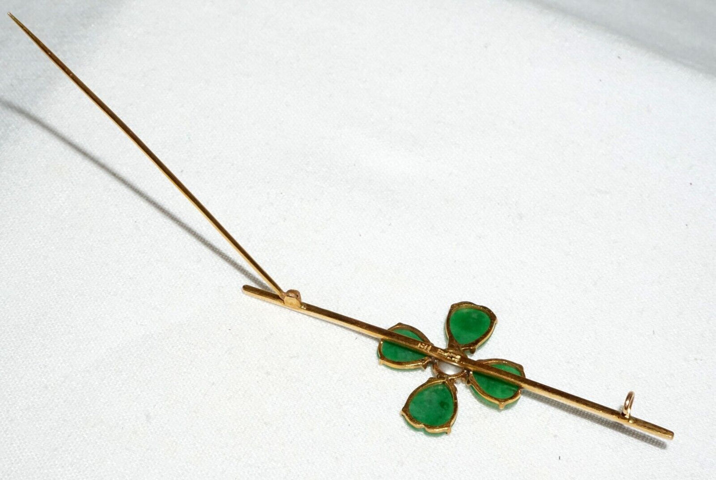 Vtg Chinese 18k Yellow Gold Four Leafed Clover Jadeite Jade & Pearl Brooch (InS)