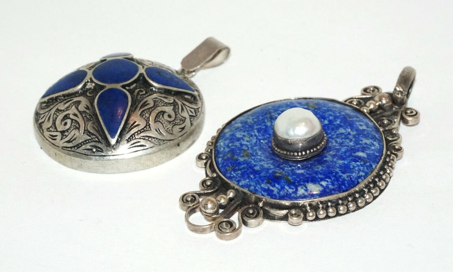 2Pc Vintage Sterling Silver Pendants w. Lapis Lazuli & Sodalite & Pearl (HaL)#18