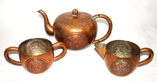 3Pc Chinese Copper Tea Pot Creamer & Sugar w Writhing Dragon & Grape Motif (GoB)