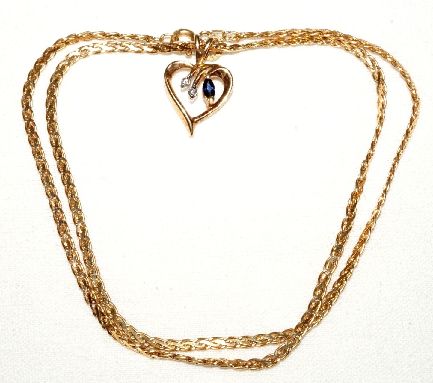 Vintage 14k Gold Necklace w. 14k Heart Pendant w. Diamonds & Sapphires (FeD *#14