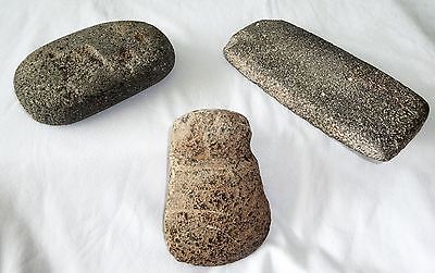 3x Anasazi Hohokam Fully Grooved Stone Axe & Axe Blank & Rubber Stone (Ver)