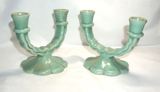 Vtg Pair Camark Pottery Light Aqua Teal Blue U-Shaped Dbl. Candleholders (NeW)