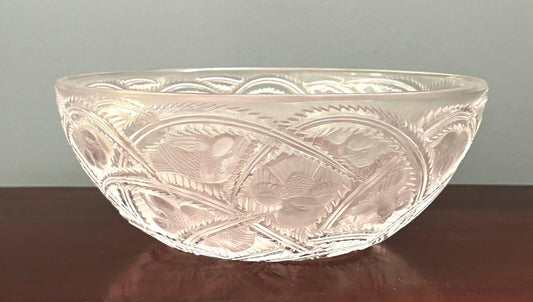 Vintage French Lalique Crystal Pinsons Finches Bird Bowl 9.25" (AHB)