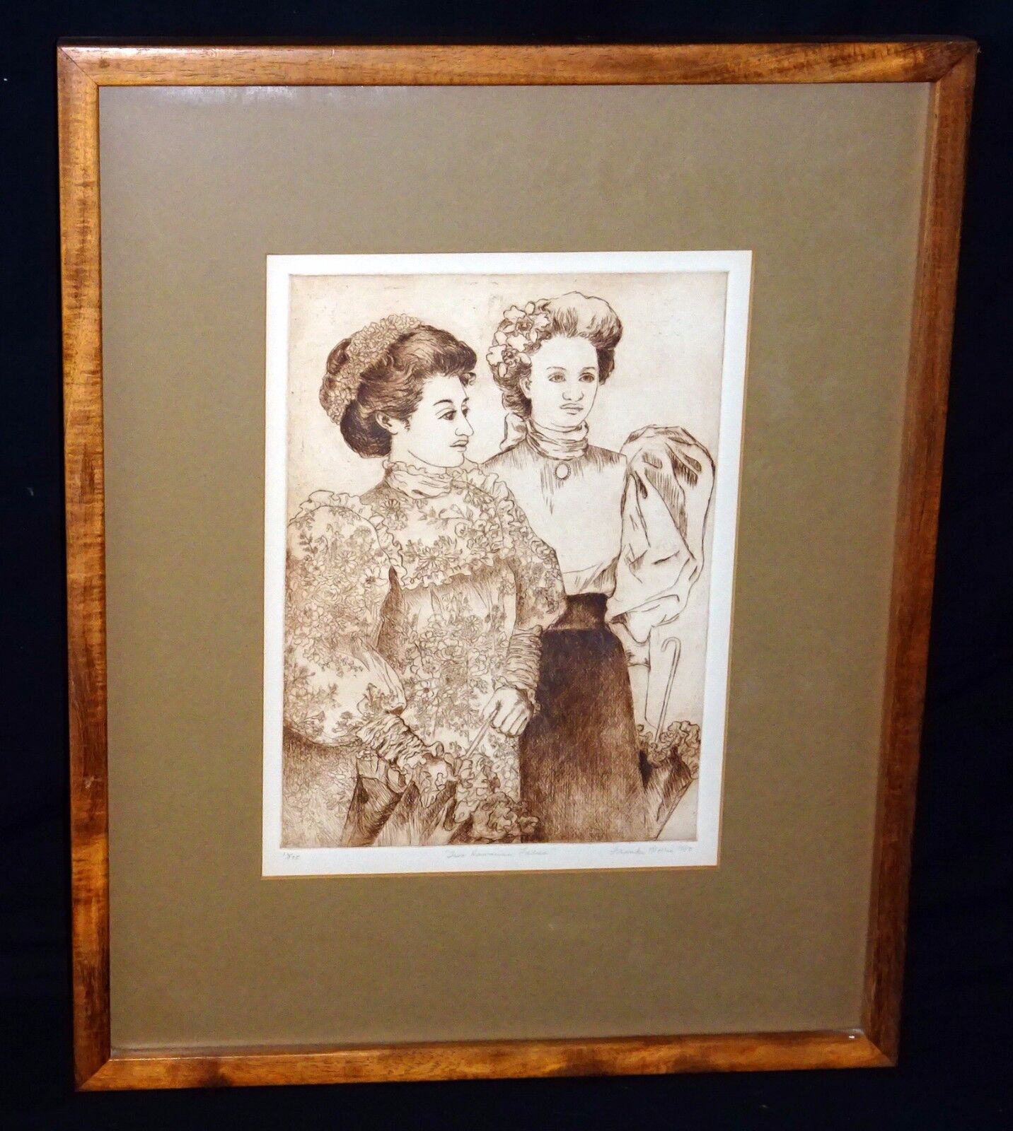 '80 Hawaii Sepia Etching Print 10/175 Two Hawaiian Ladies by Franki Morris (Wil