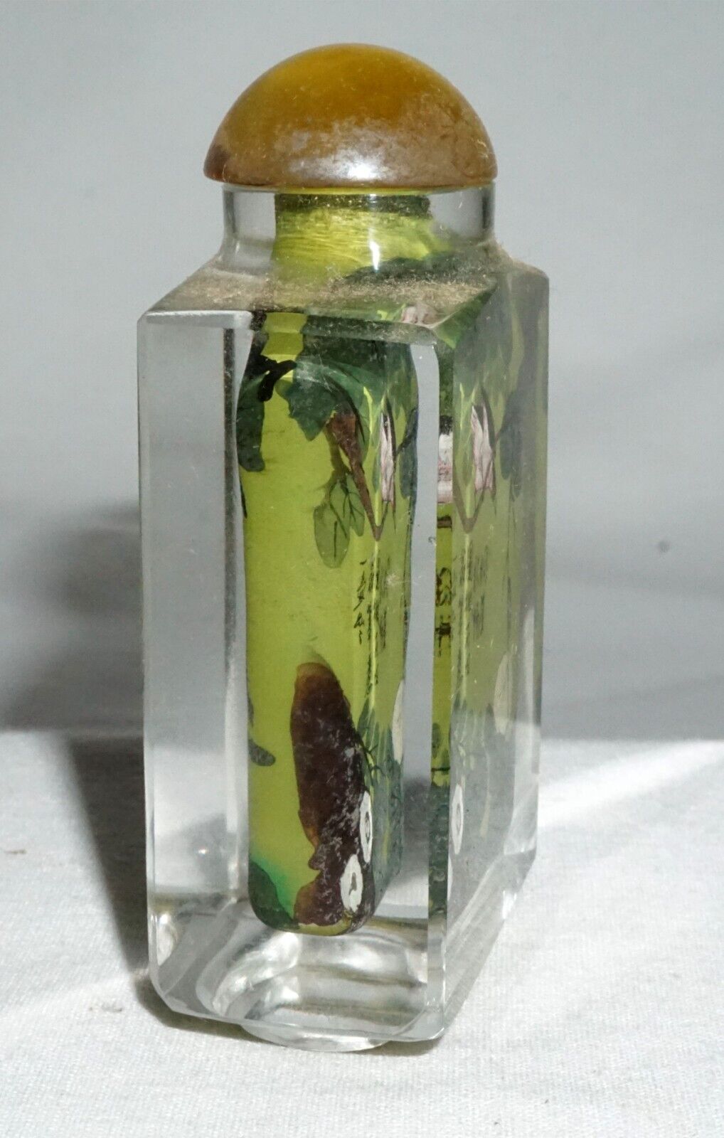 Vtg Chinese Reverse Painted Glass Snuff Bottle w Bird & Lotus Motifs (LLA) IC