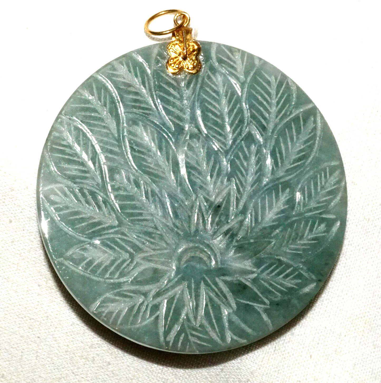 Vintage Chinese Blue Green Jade Disk pendant w. Peacock Motif (InS)#L4