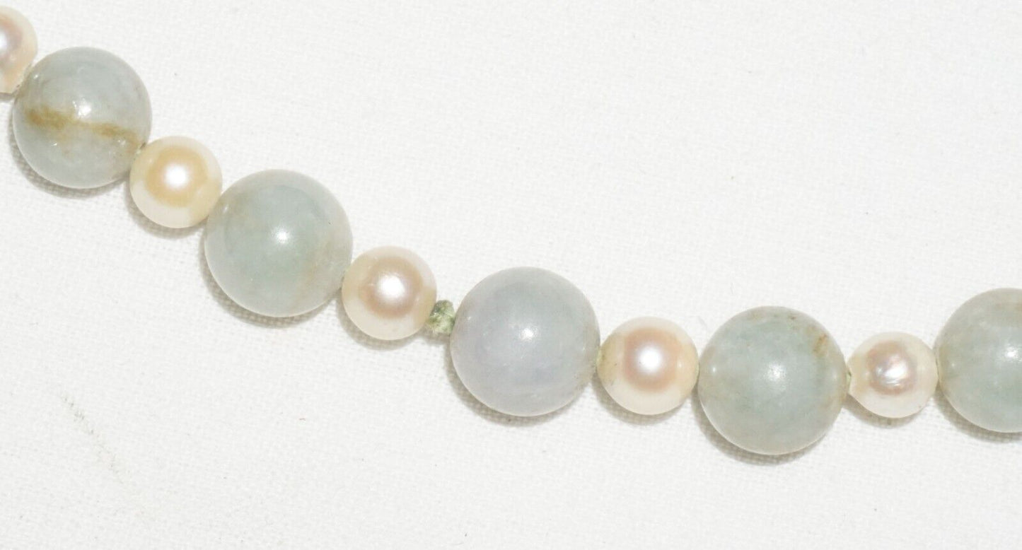 Vintage Chinese Jadeite Jade & Pearl Spacer Bead Necklace w. 14k Clasp (---)