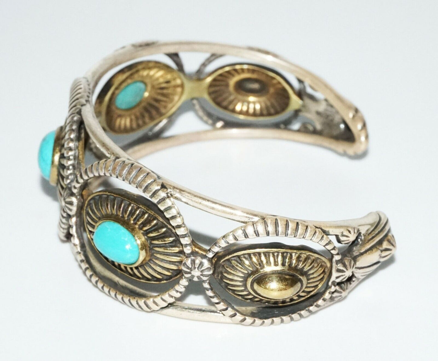 Vintage S.W. Sterling Silver & Brass Bracelet w. Turquoise by Relios (SaR)#218