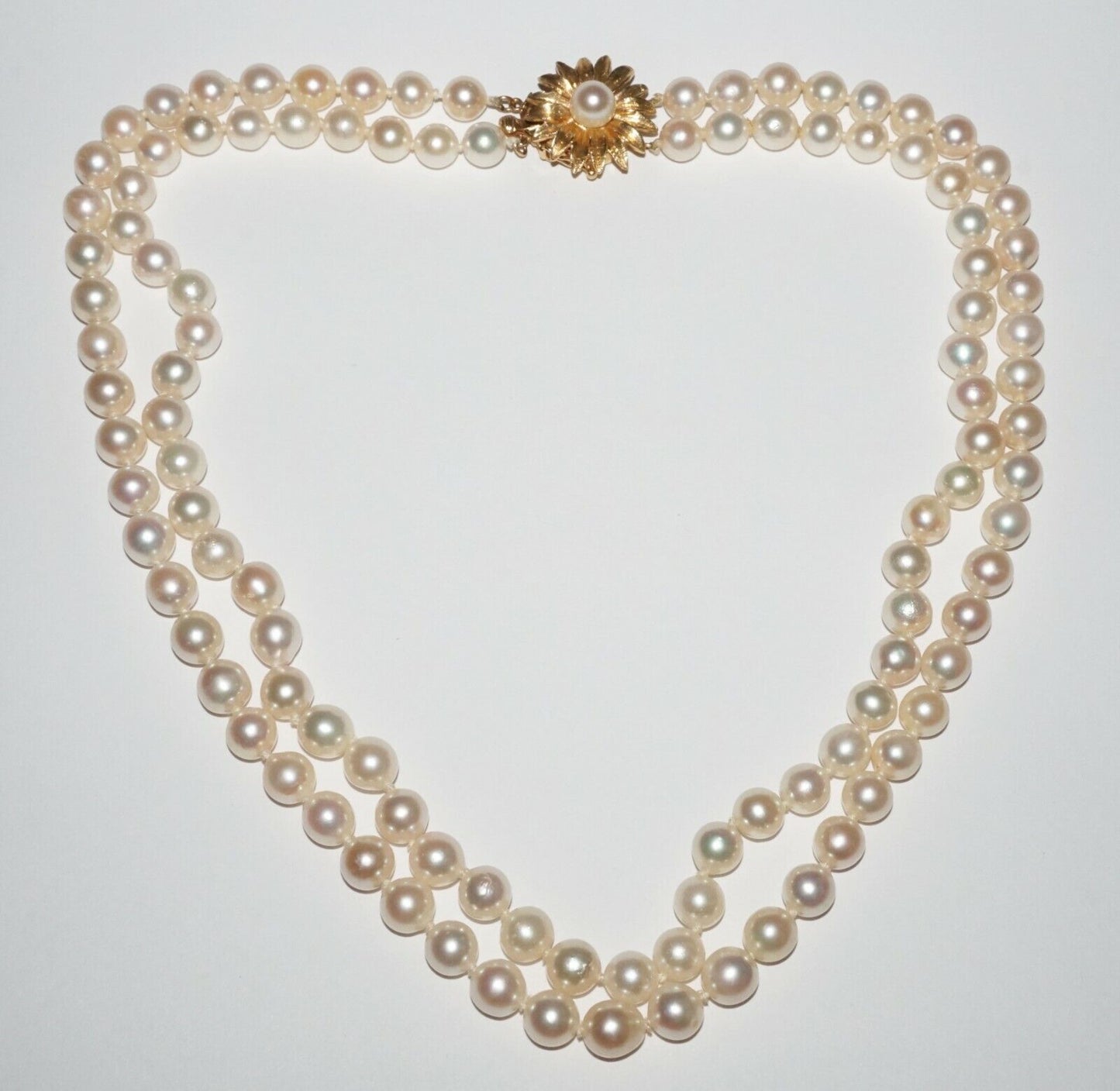 Vtg Chinese Double Strand Pearl Necklace w. Yellow Gold Flower Clasp (NaD)#17b