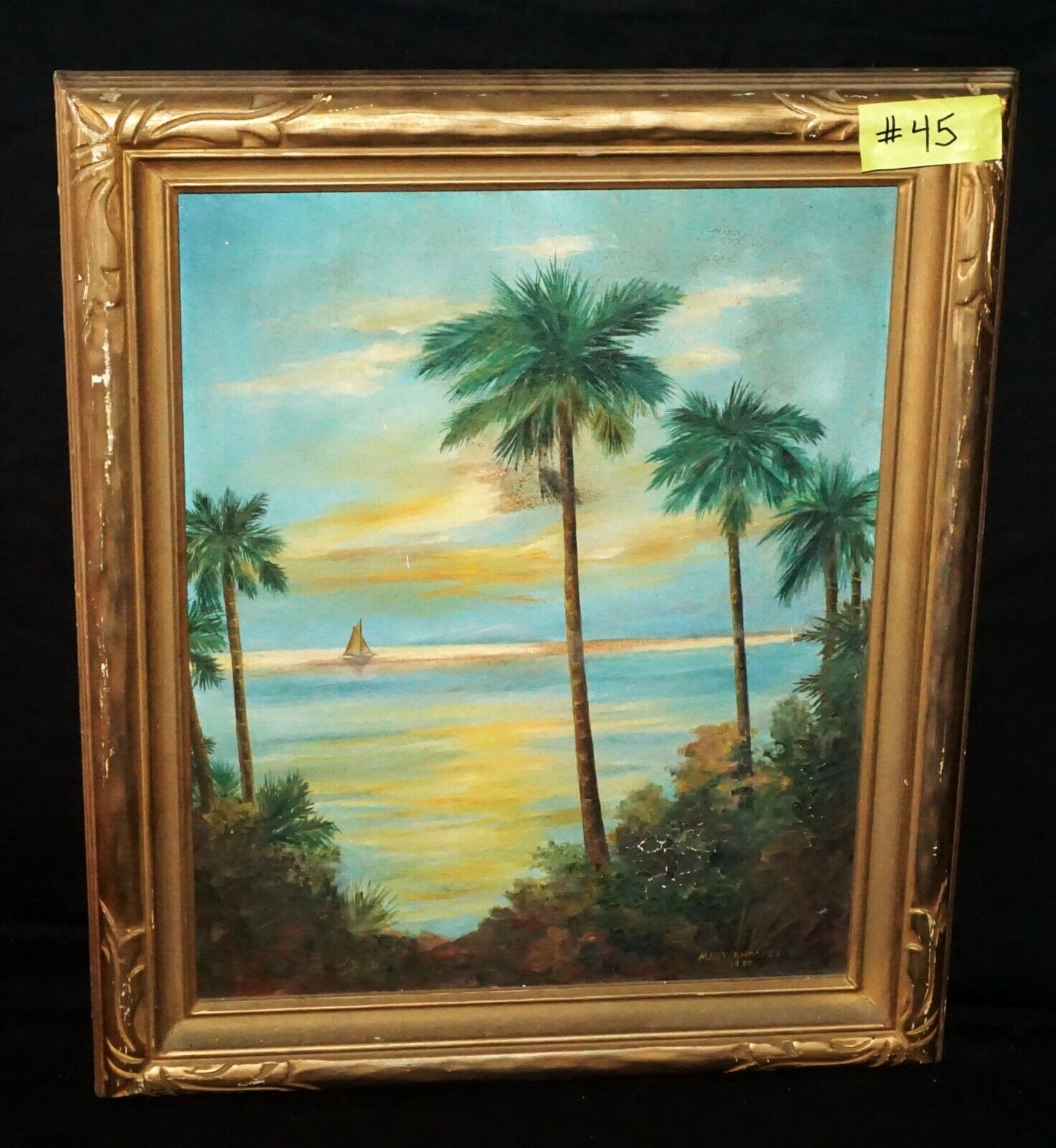 1938 California Framed Oil Painting "Palms & Sailboat" by Mary I. Hoopes (***)