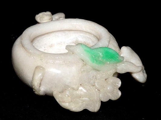 Vintage Chinese White & Apple Green Jade Mini Brush Washer Dragon Bird (LeS) G11