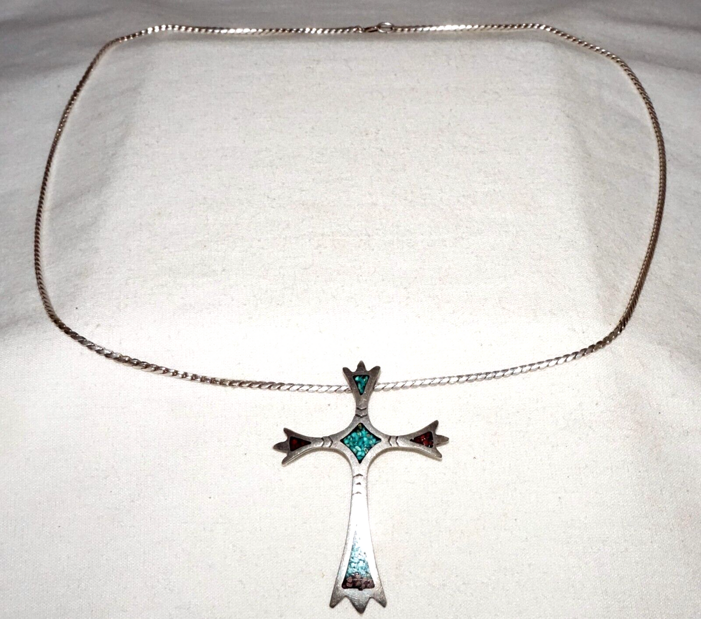 Vtg S.W. US Sterling Silver Necklace & Cross Pendant w. Turquoise & Coral (BeM)