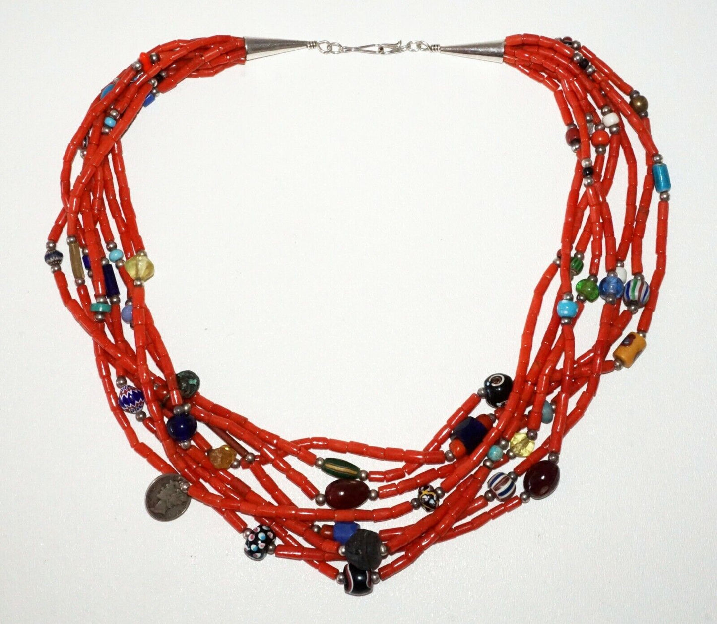 US Aboriginal Natural Fiber 8xStrand Red & Glass Trade Bead Necklace (RgR)