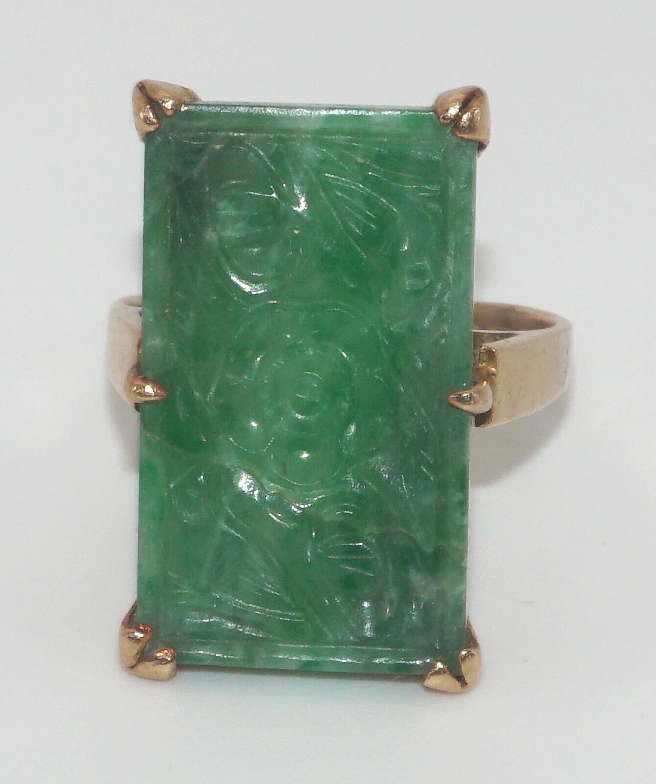 Vintage Art Deco 14k Yellow Gold Ring Sz. 9.25 w Carved Jadeite Accent (LeD)