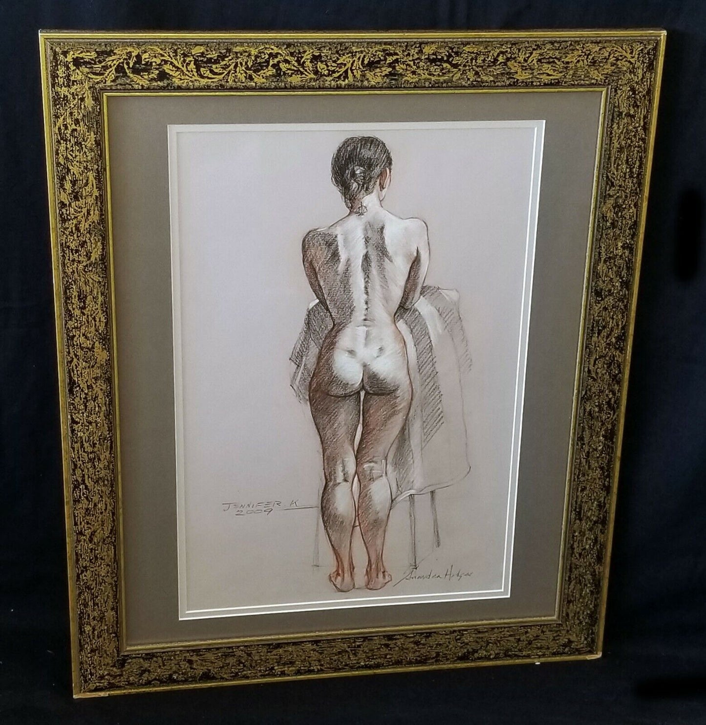 Hawaii Framed Mixed Media Painting Female Nude Back View by Snowden Hodges (Sho)