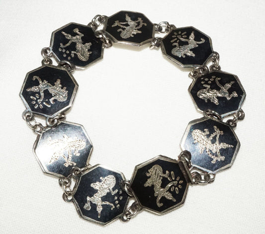 Vintage Thai Silver & Enamel Niello Ware Bracelet w. Dancer Motifs (WoJ)