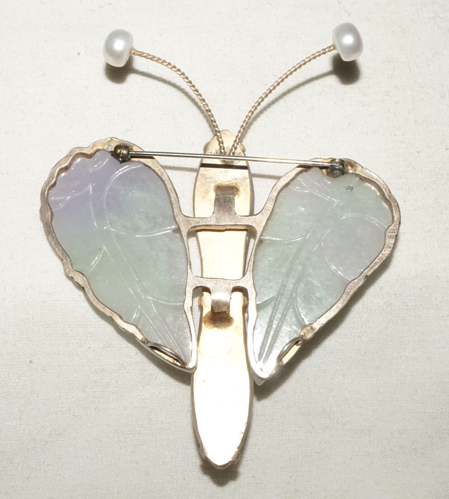 Vintage Chinese Large Butterfly Brooch Pendant w. 3x Lavender Jade Accents (LeP)