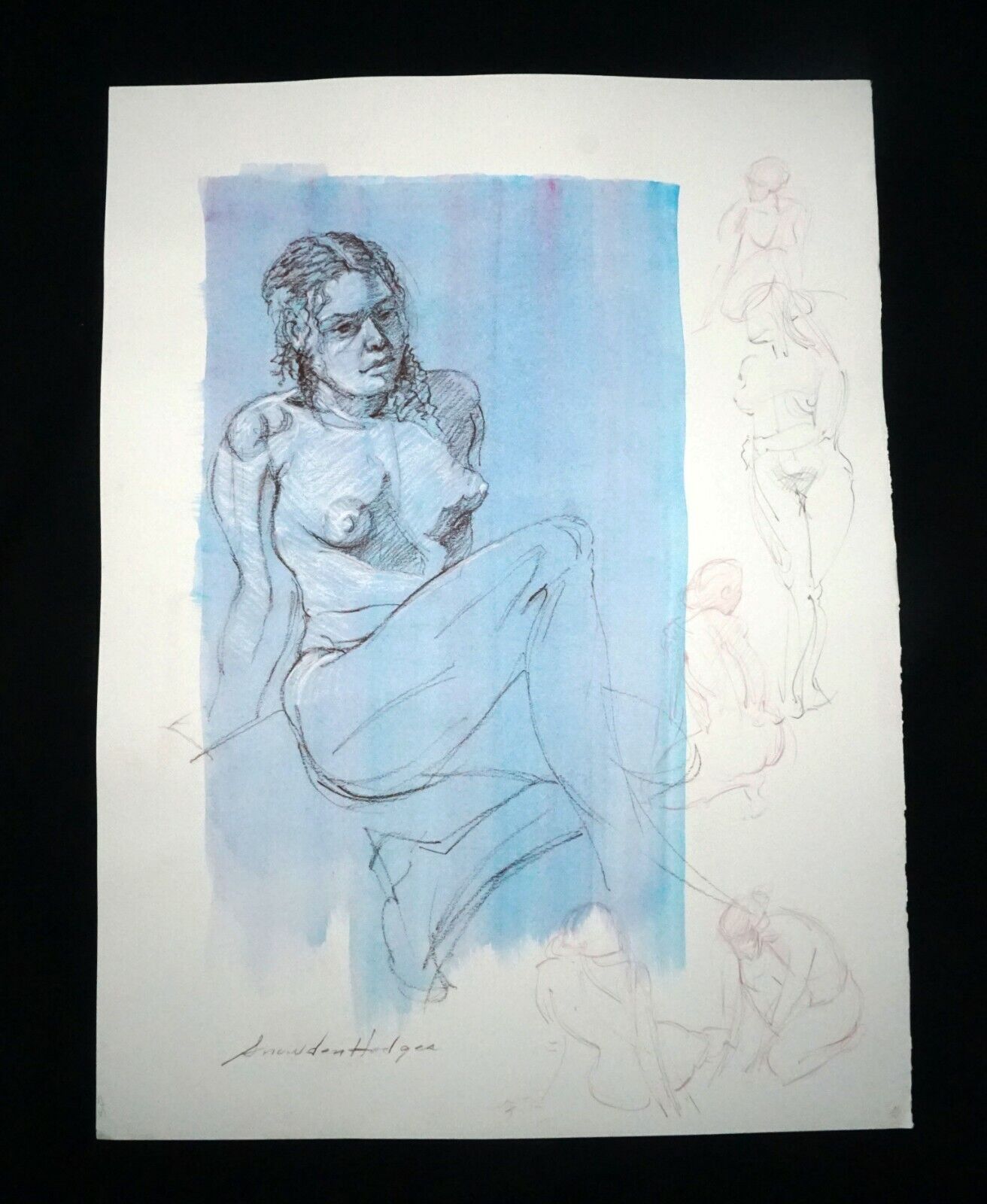 Hawaii Mixed Media Wash Painting Seated Female Nude Snowden Hodges (Sho)#146