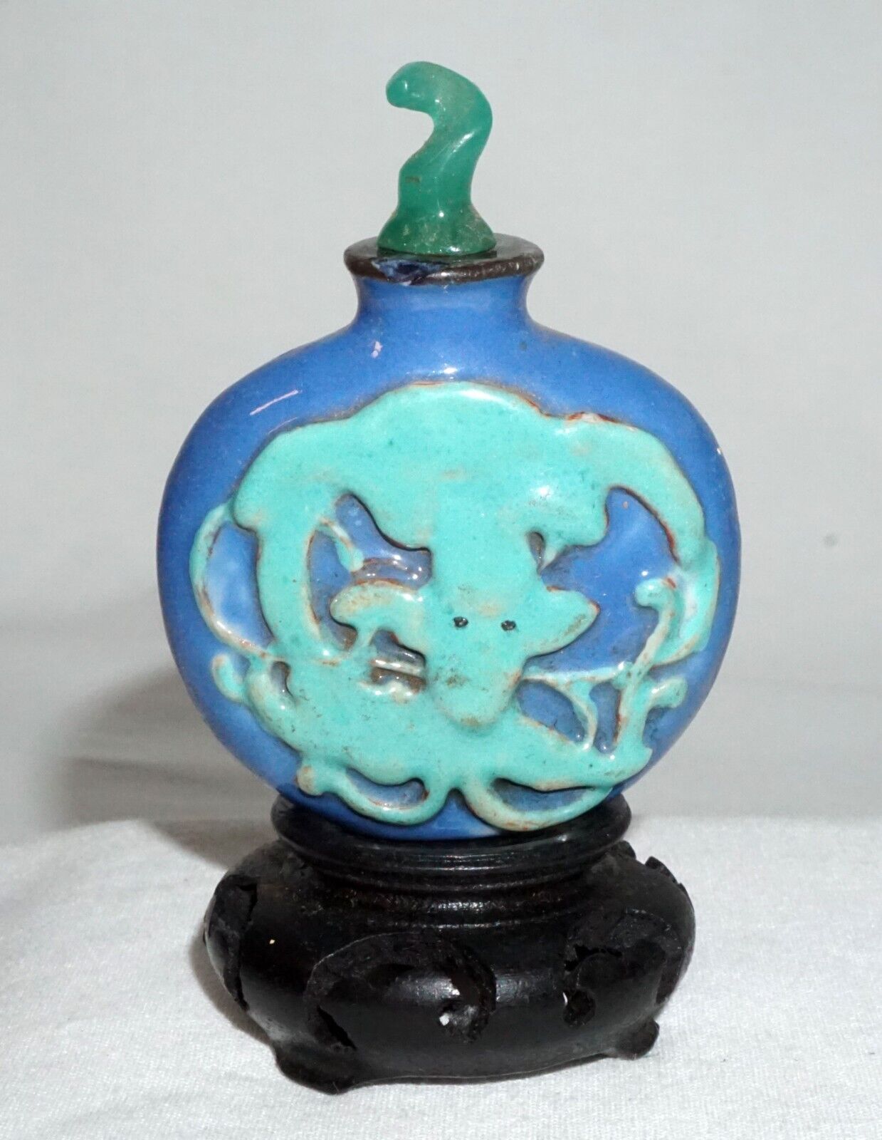 Vintage Chinese Blue Ground Porcelain Relief Dragon Motif Snuff Bottle (LLA) IC