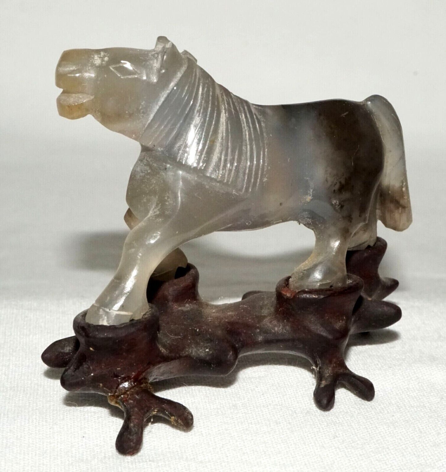 Vintage Chinese Gray & Purple Fluorite Carving Frolicking Horse on Stand (FeH)