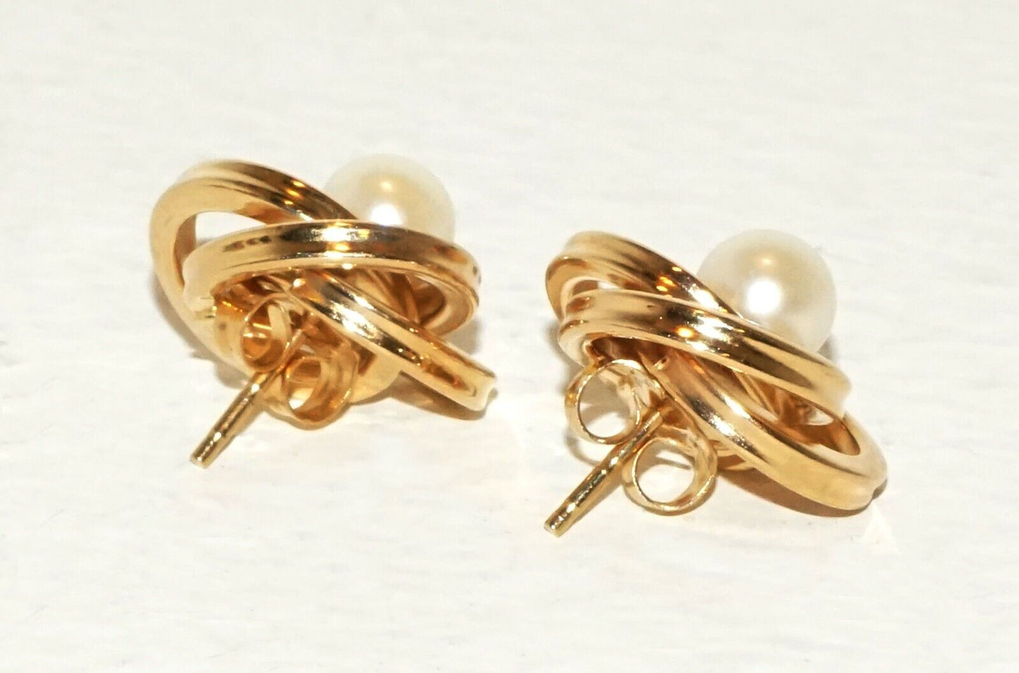 Pair Vintage 14K Yellow Gold Triple Ring and Pearl Design Earrings (HaL)#3