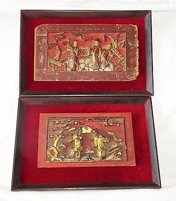 2x 19CT Chinese Framed Carved Red Panels of Scenes w. Figures in Gilt (Gem)