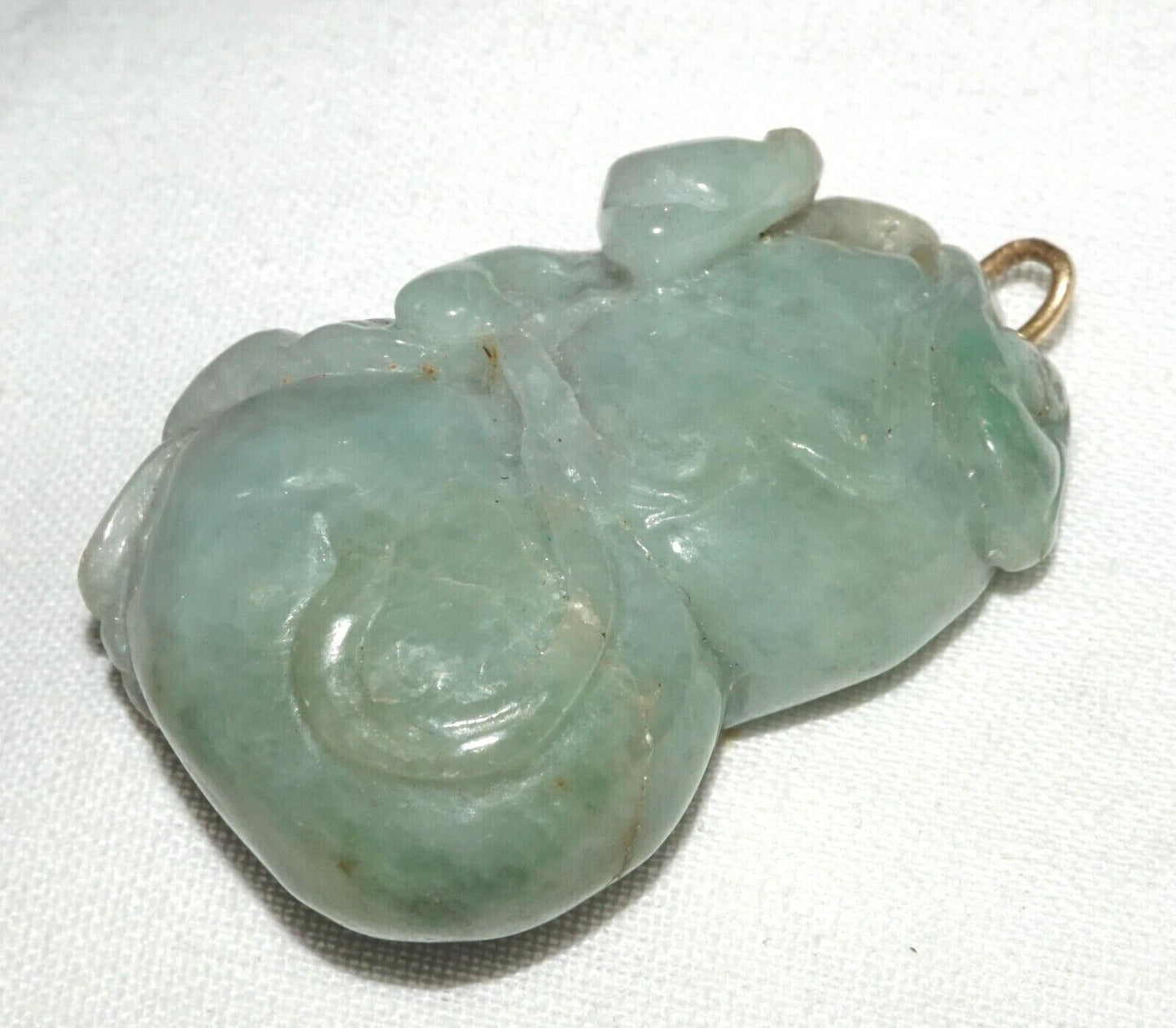 Vintage Chinese Double Gourd & Feline Motif Jadeite Jade Carved Pendant (AHB)