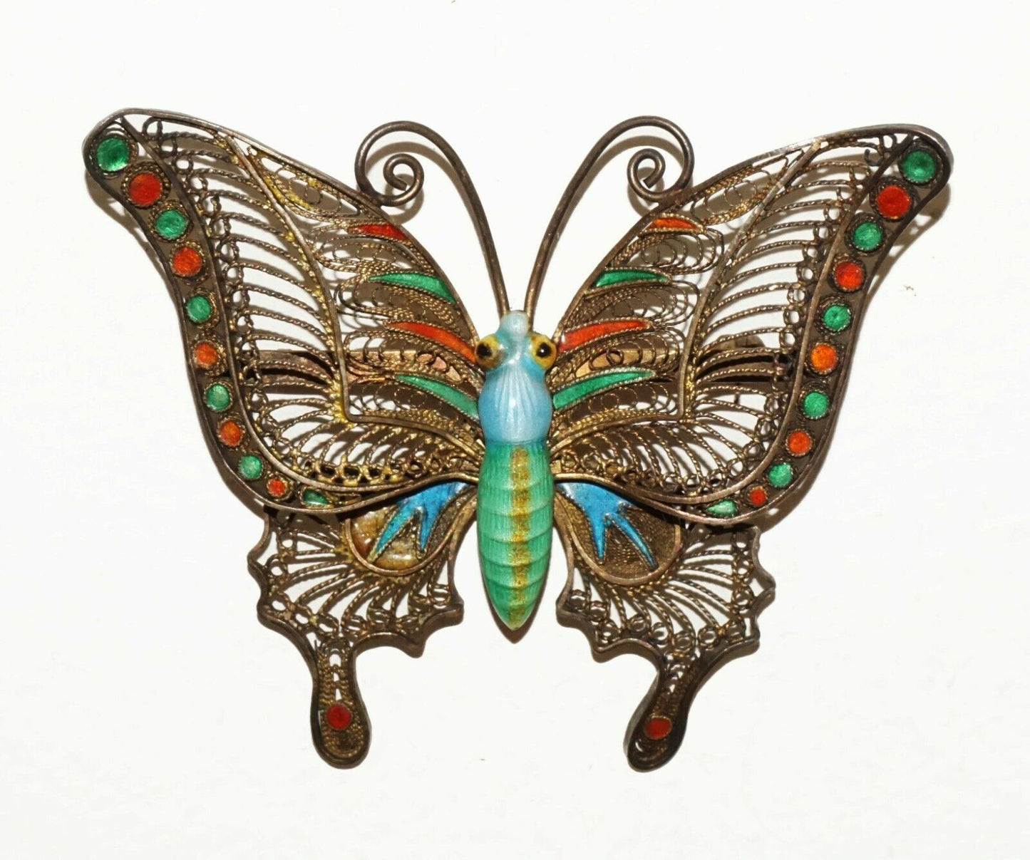 Vintage Chinese Gilt Silver Filigree & Enamel Large Butterfly Brooch (BrM)#15