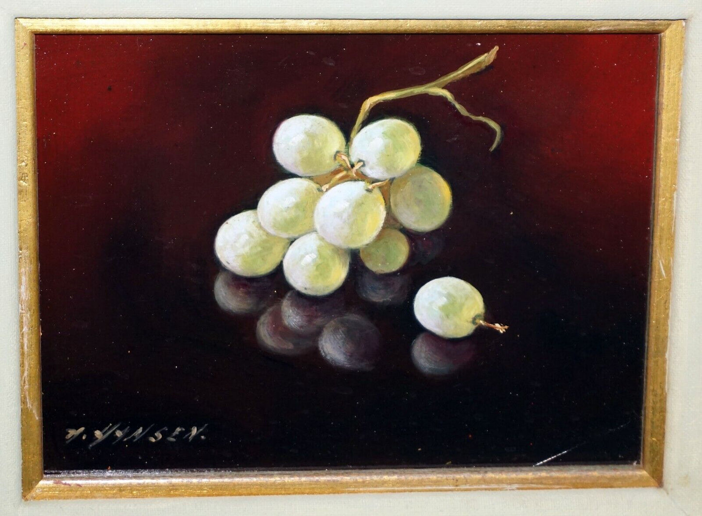 Vintage US Framed Oil Still Life Painting Green Grapes by A. Hansen (FeO)