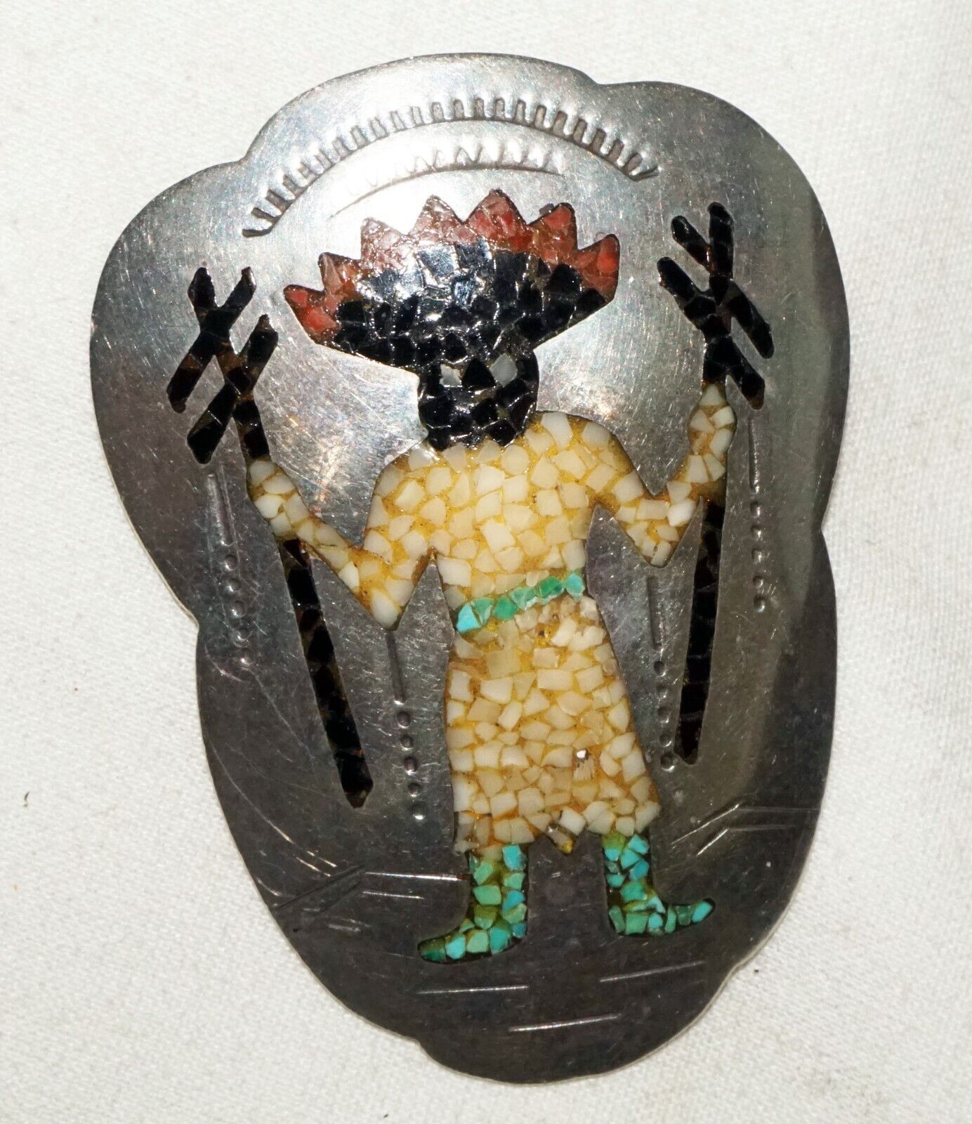 Vtg. Navajo Silver Pendant w. Elaborate Stone Inlay Figure Charlie John (BeM)#11