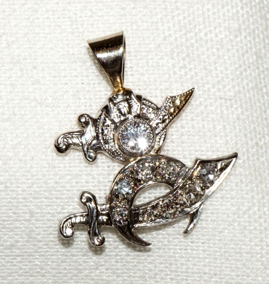 Vintage 14k Y&W Gold Mini Pendant Crescent Moon & Dagger Motif 7x Diamonds (ChR)