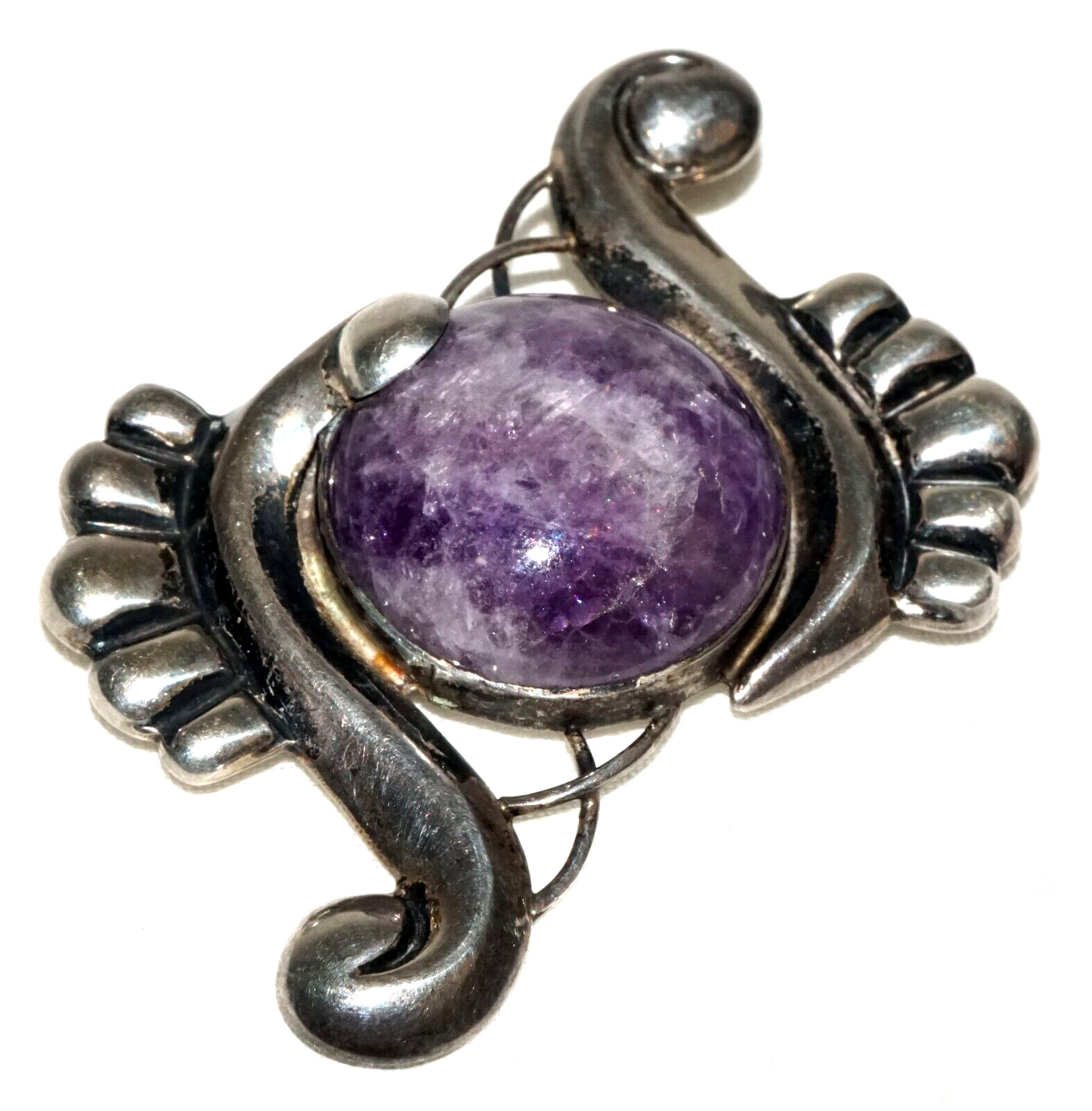 Vtg Mexican Modernist Sterling Silver Scroll Motif & Amethyst Brooch (KoS) L10