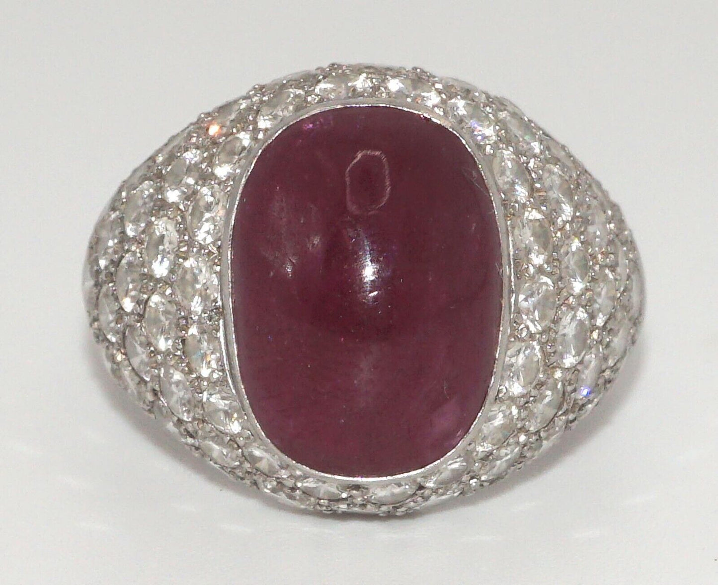 Vintage Platinum Ring w Ruby Cabochon & Diamond Pave-Set Dome Sz. 9 1/2 (LeD)