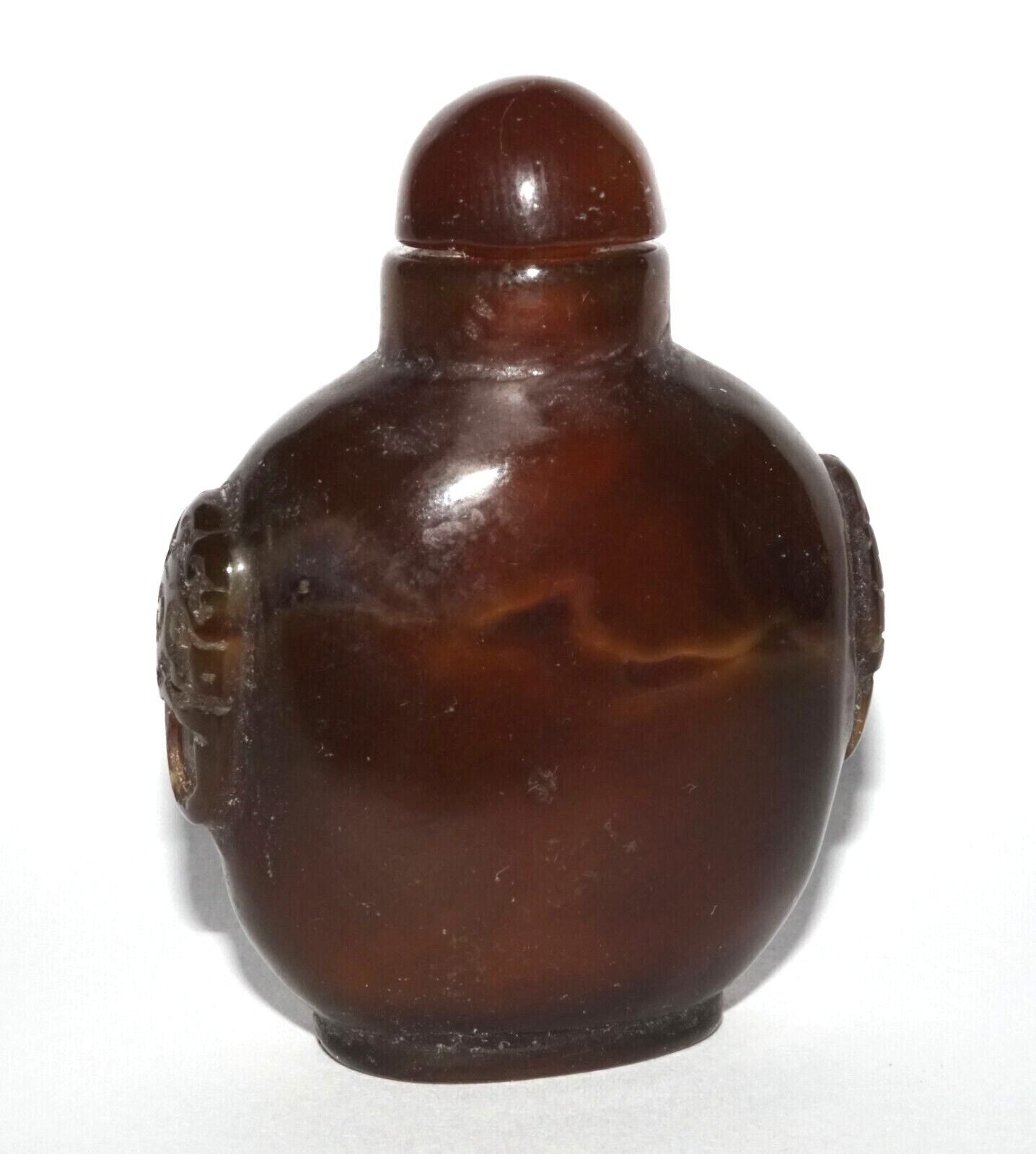 Vintage Chinese Brown & White Agate Carved Snuff Bottle w Mask Handles (LeS) G12