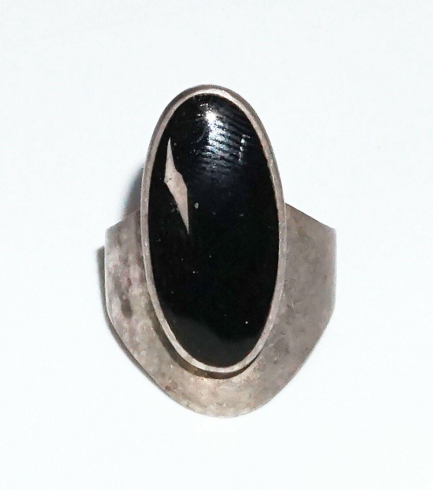 S.W. Modernist Sterling Silver Ring Sz. 7 w. Oval Black Onyx Accent (WMH)21-1