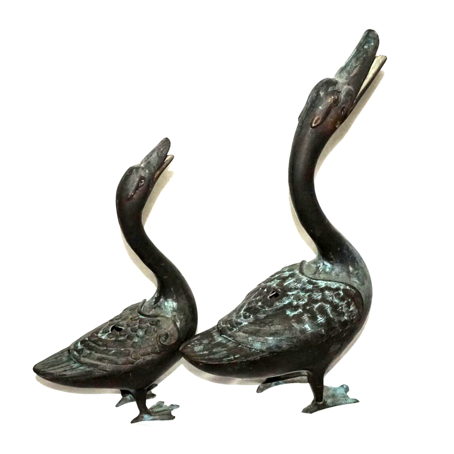 2Pc Chinese Bronze Incense Burners w. Squawking Geese Motif (NiC)