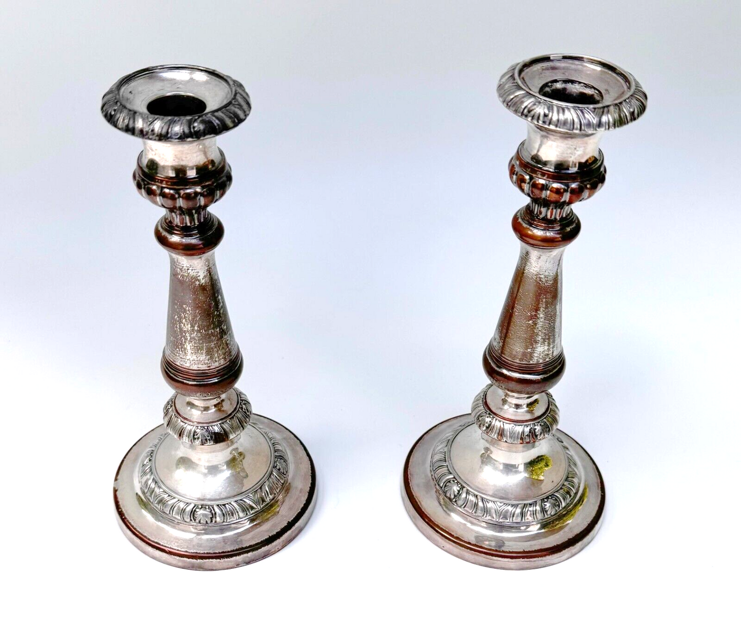 Vintage Georgian Pair Silver Plated Candle Sticks 9 3/8 " (WeP)